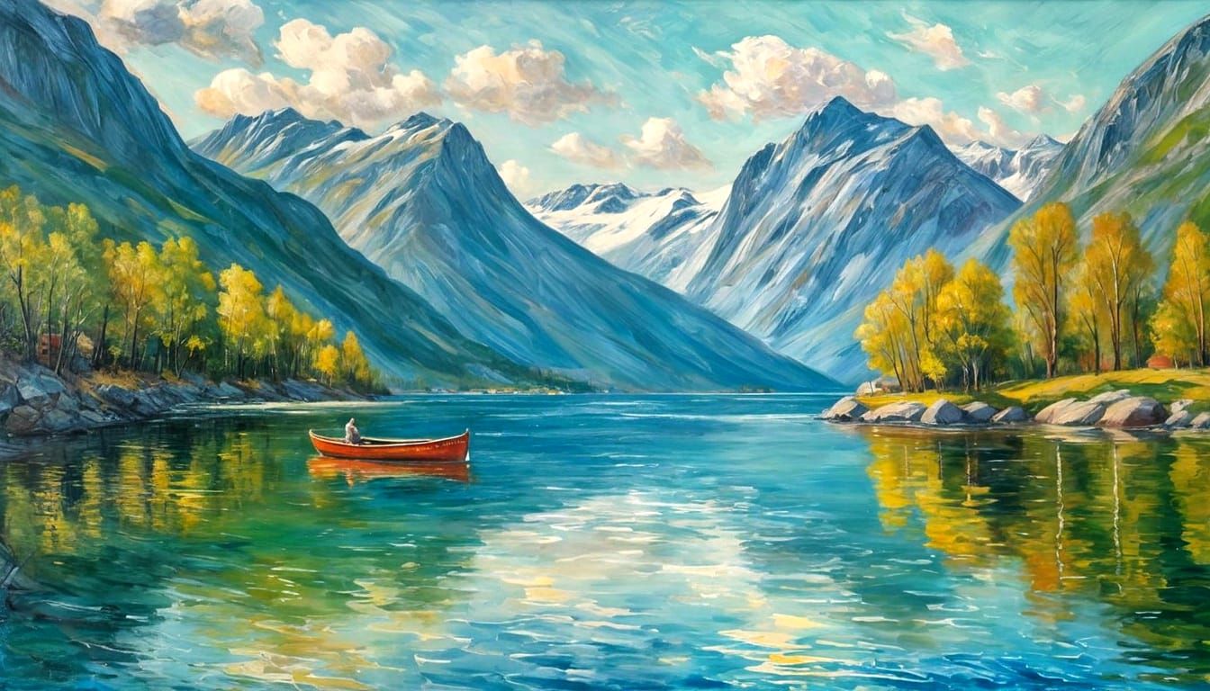 Loen Norway: Tranquil Turquoise Lake, Oil Painting