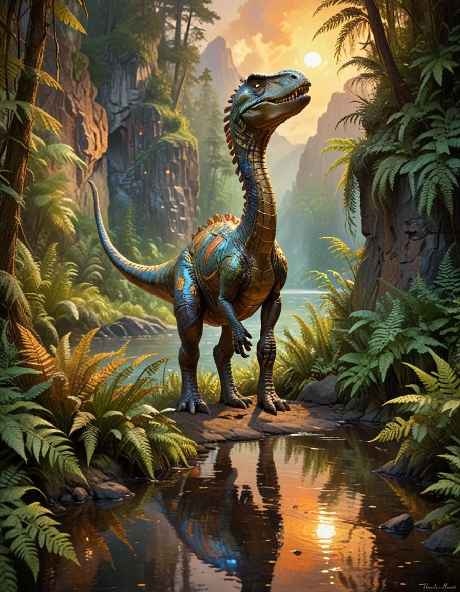 Dinosaur Grazing in Forest as Impasto Painting