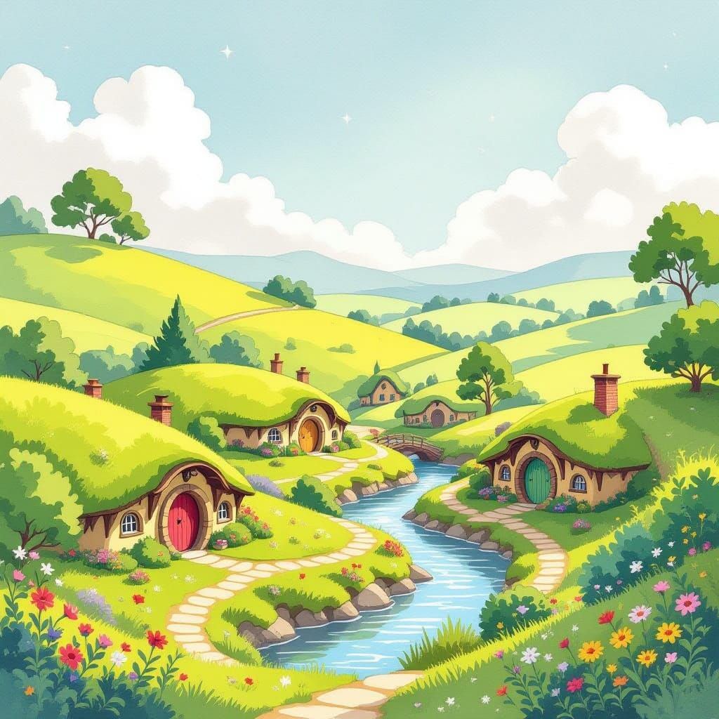 Whimsical Watercolor Village Scene in a Valley