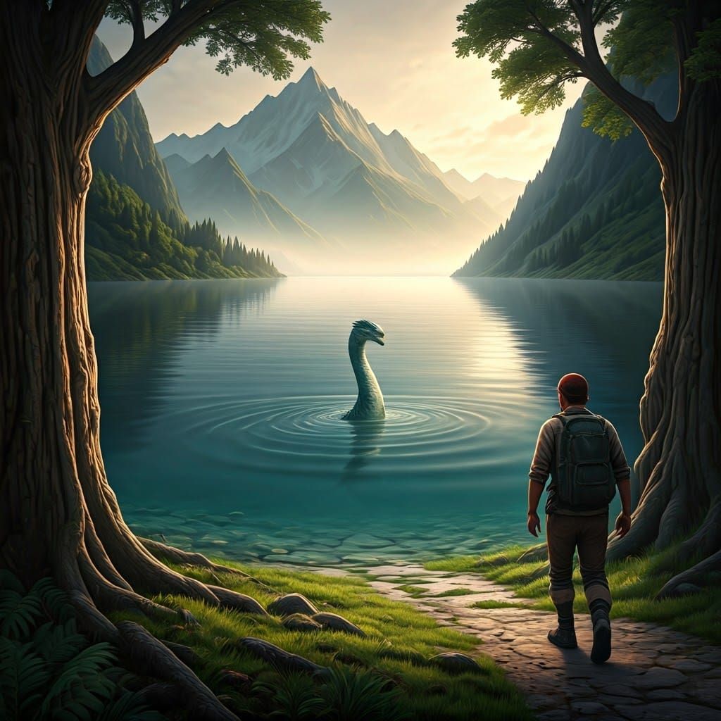 Serene Lake Landscape with Mysterious Nessie
