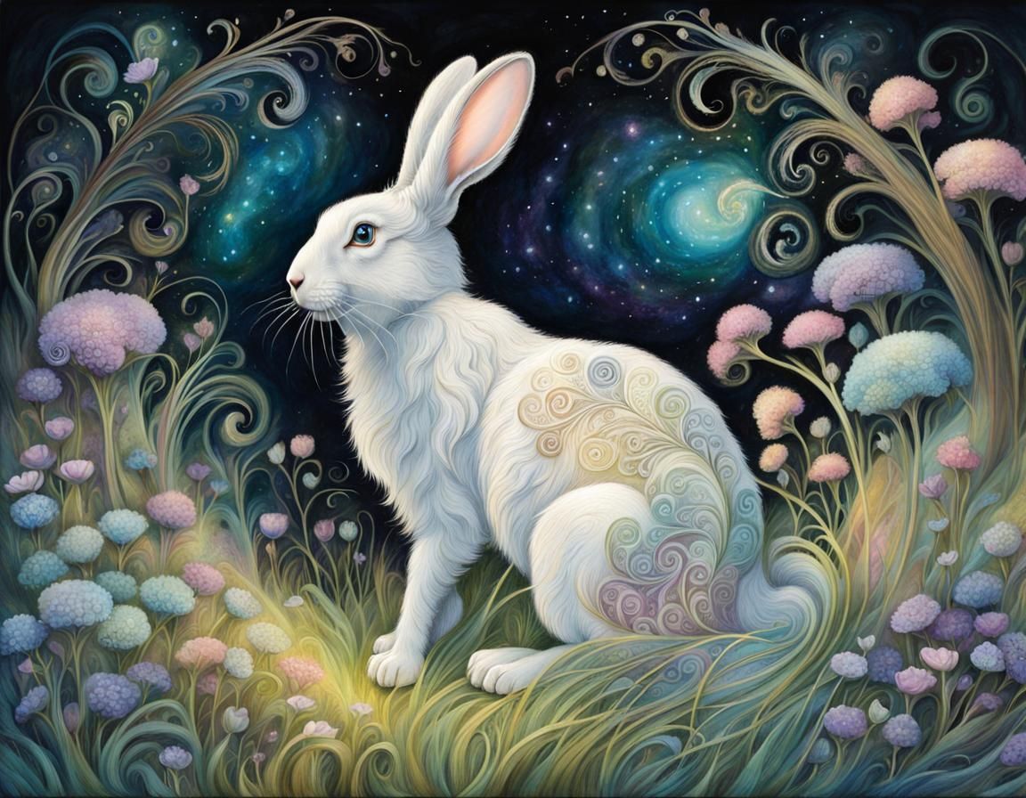 Spirit Rabbit in Enchanted Meadow: Pastel Sketch