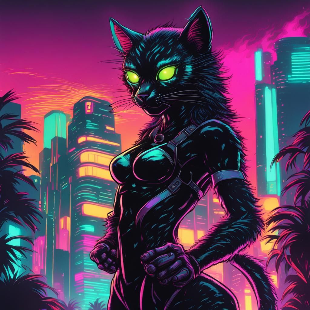 Hyperdetailed Black Werecat in Synthwave Neon Style