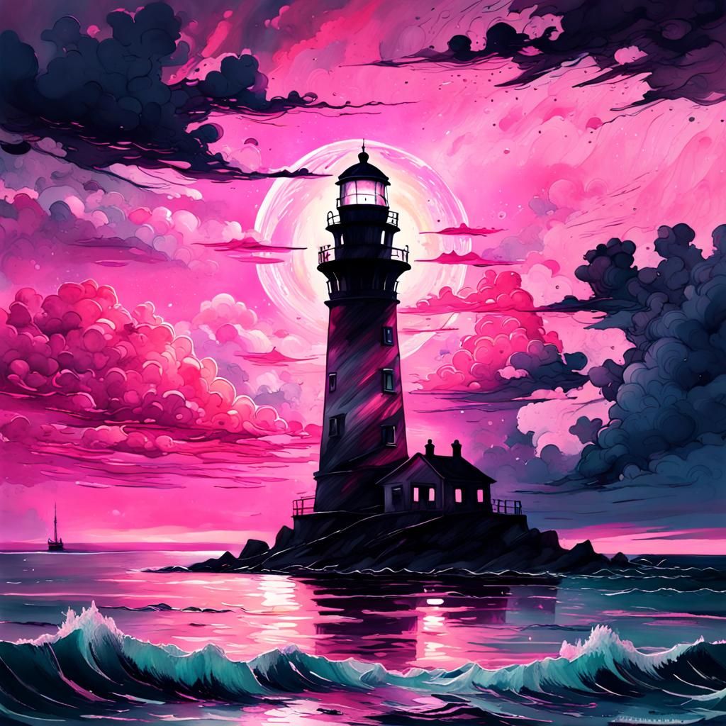 Pink Sunset Lighthouse Seascape in Cyberpunk Watercolor