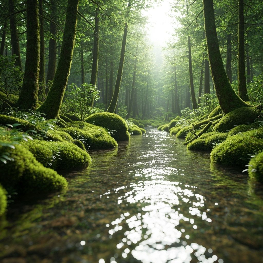 Hyperrealistic Mossy Forest with Glinting Stream