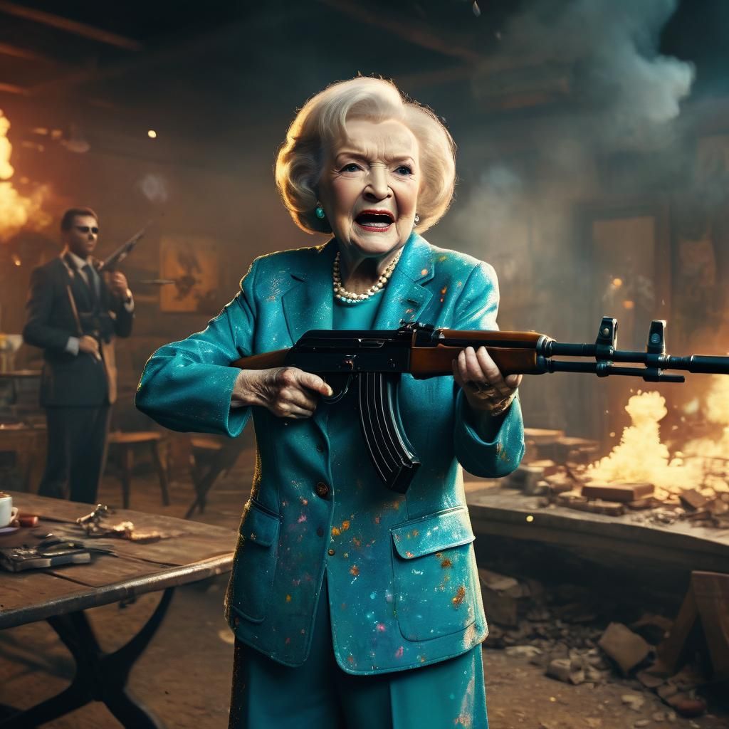 Betty White Firing AK-47 in Oil Painting Style