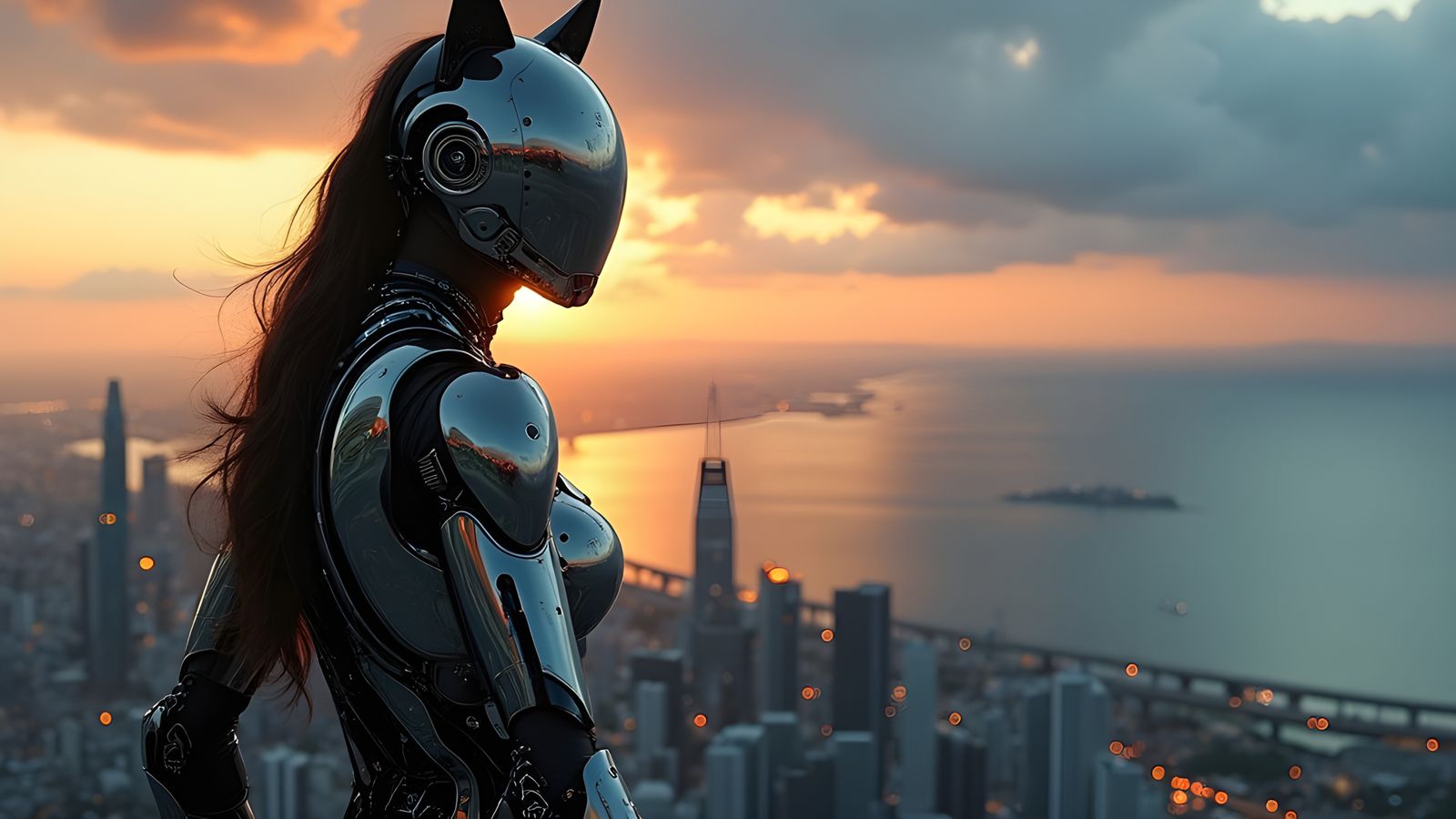 Armored Figure Overlooking Cyberpunk Cityscape at Sunset
