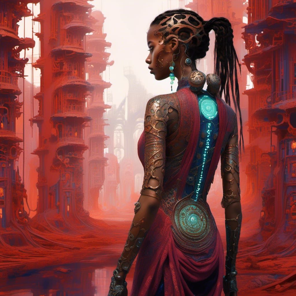 Cyborg Goddess in Vibrant Indigo Sari