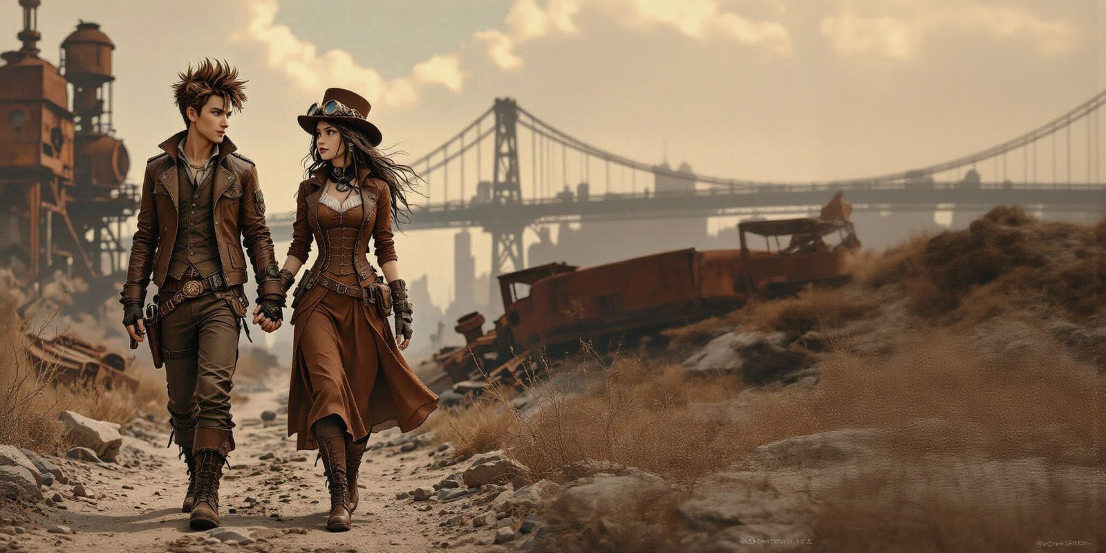 Steampunk Couple in Post-Apocalyptic Landscape