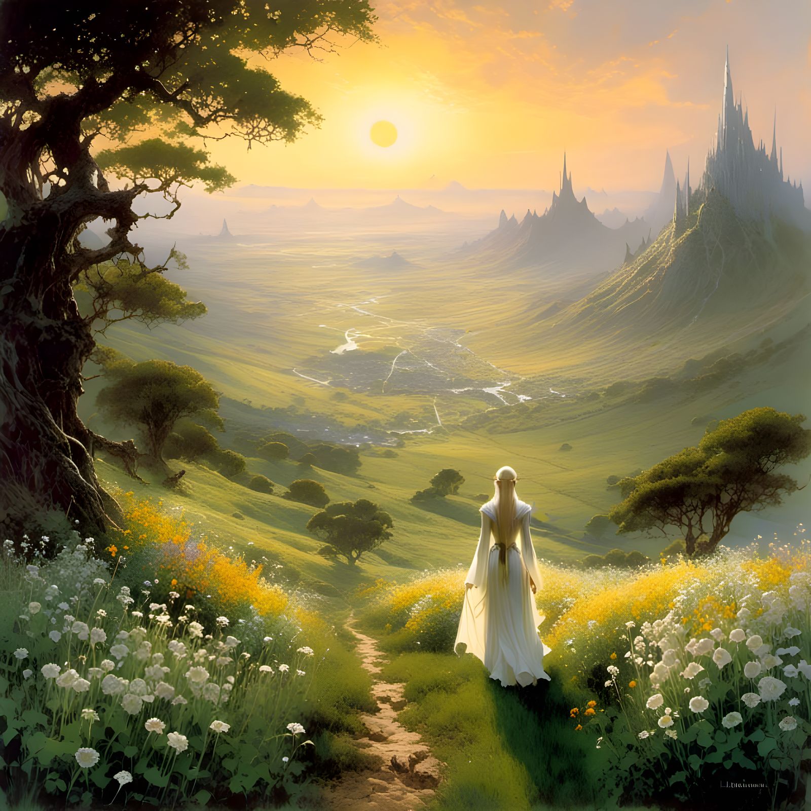 Elven Maiden in Hidden Vale at Sunrise