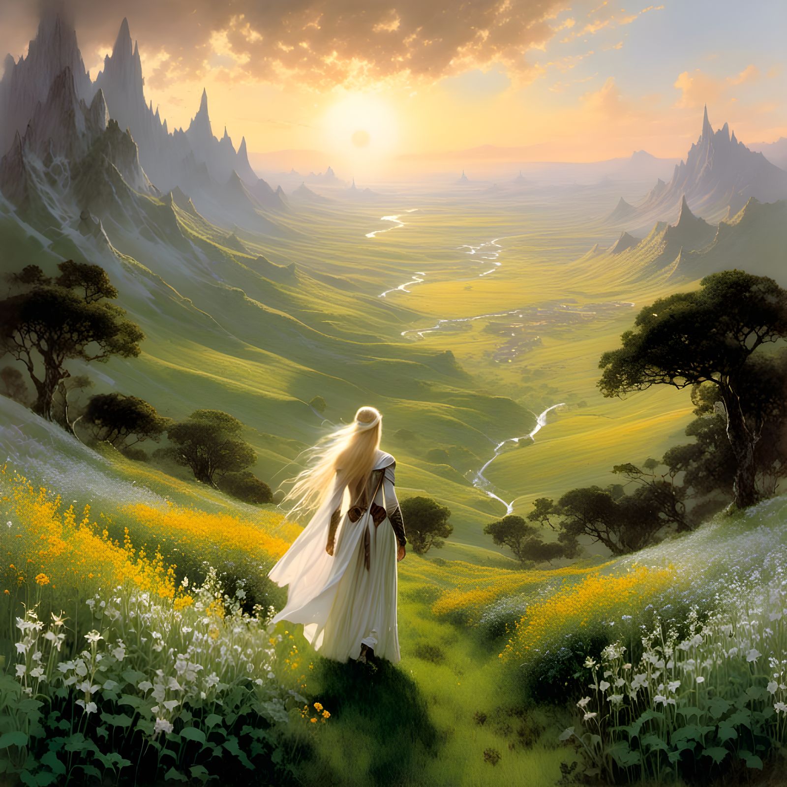 Elven Maiden in Wildflower Field at Sunrise