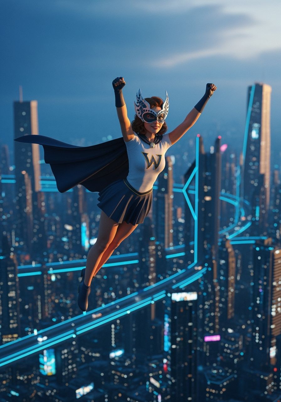 Superheroine in Futuristic City, Cinematic Render