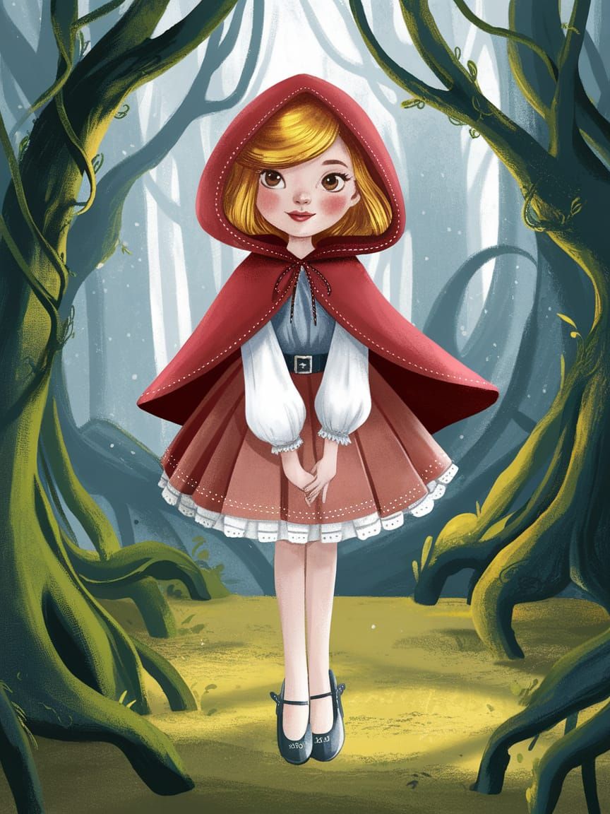 Red Riding Hood in Whimsical Forest Landscape