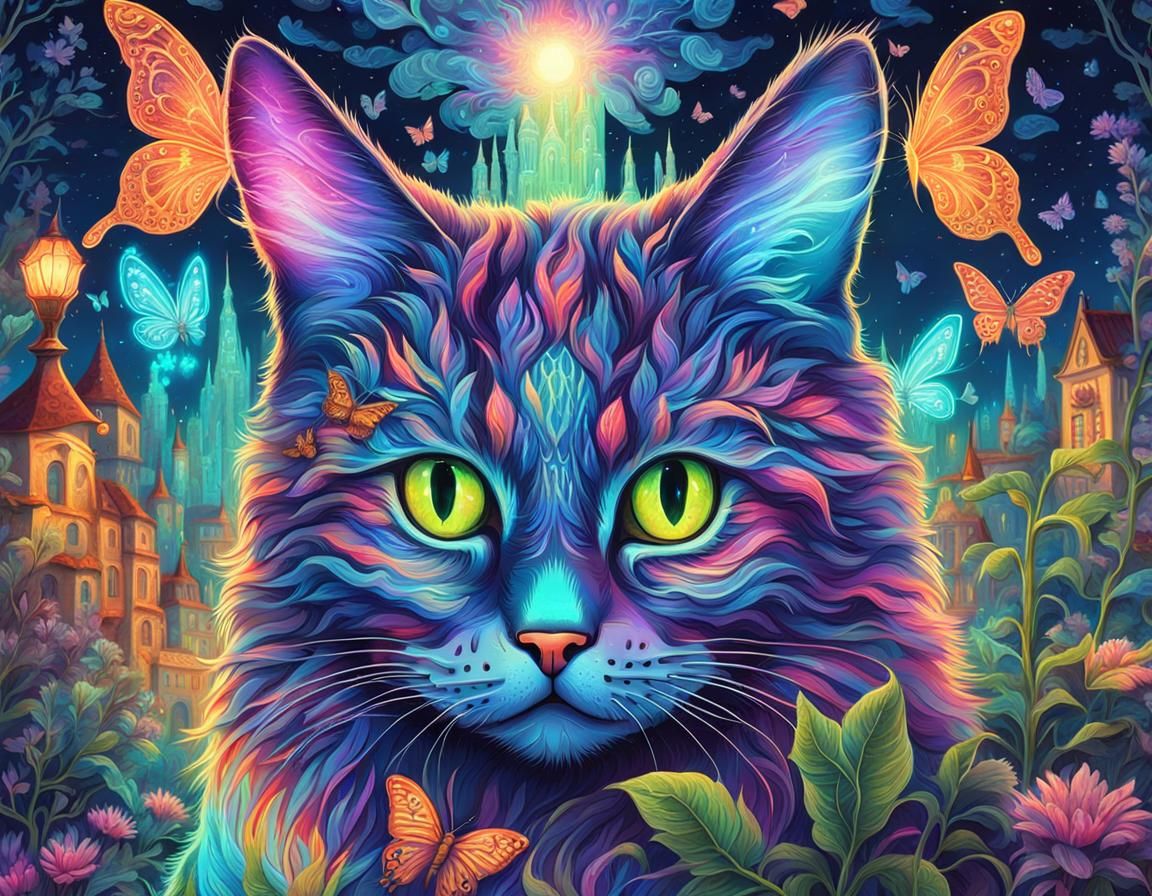 Cosmic Fantasy Cat Illuminates Enchanted Medieval Cityscape