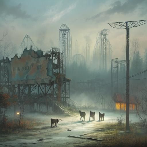 Wolves Roaming Pripyat Amusement Park in Ethereal Style