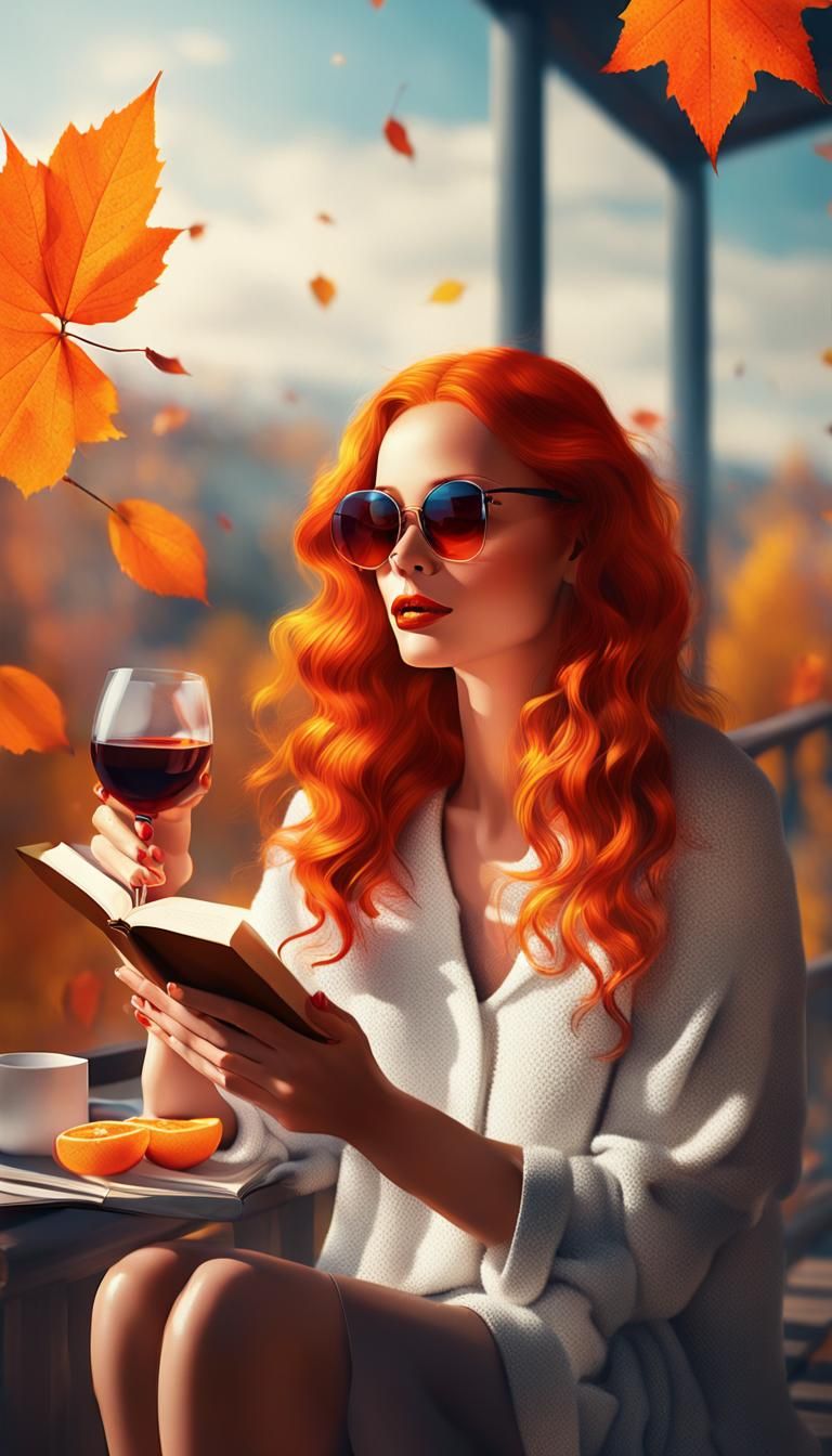 Woman Reading in Autumn Forest, Digital Art Style