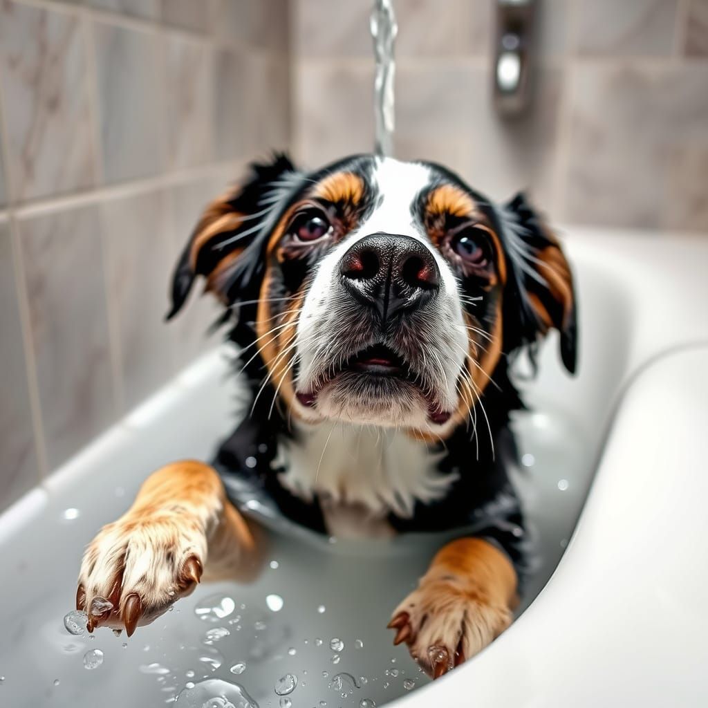 Dog trying to escape a bath
