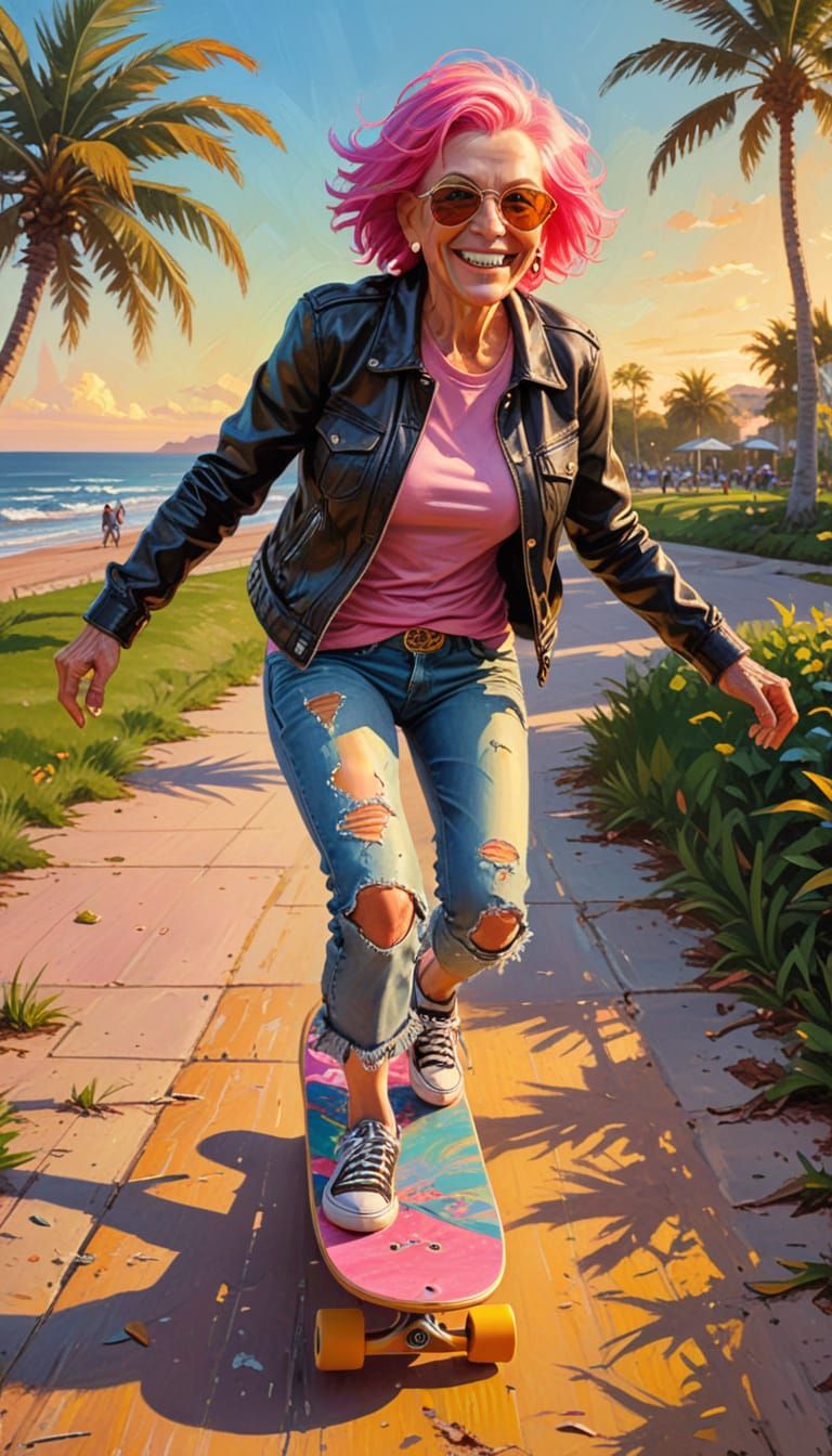 Elderly Woman Skateboarding in Beachside Park as Oil Paintin...