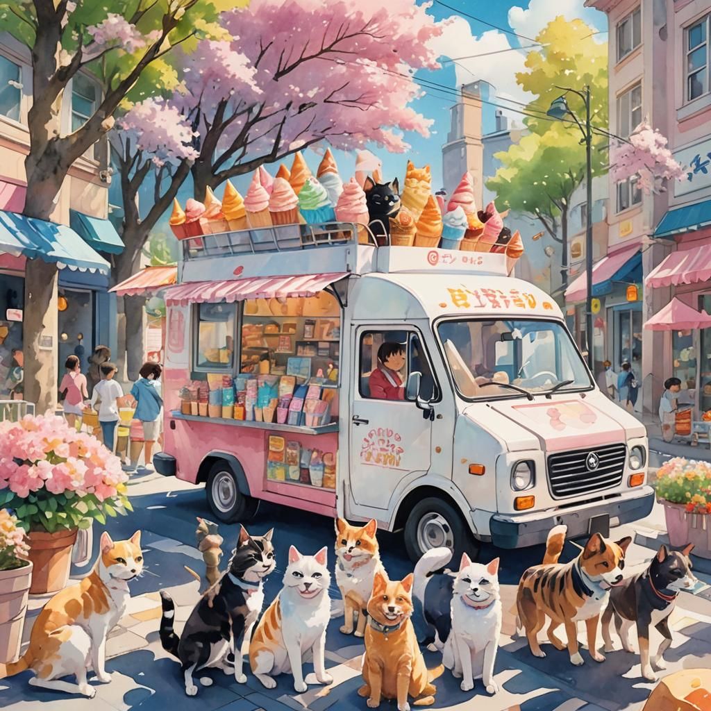 Cat Sells Ice Cream to Dogs in Anime Style