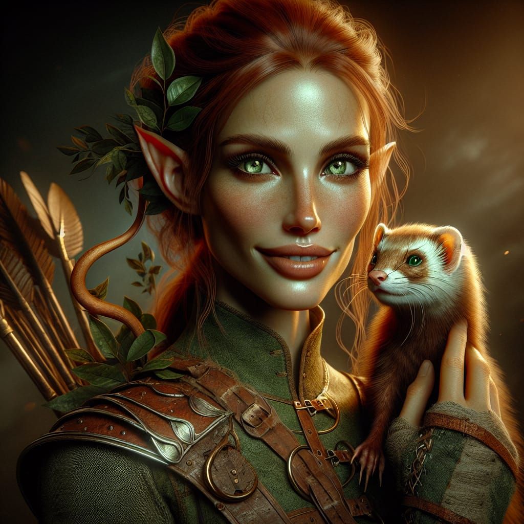 Eladrin Ranger with Ferret in Detailed Digital Art