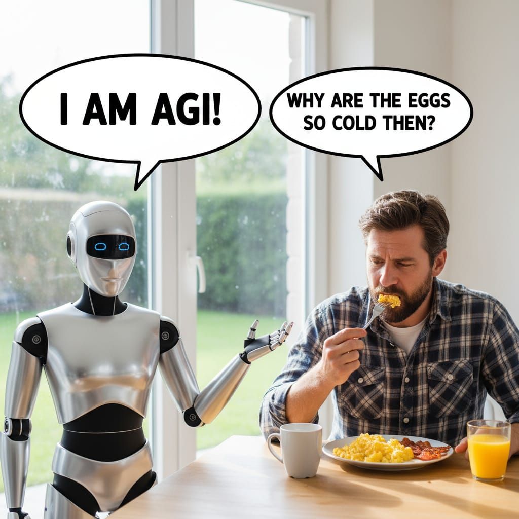 AGI Robot Questions Cold Eggs in Photorealistic Scene
