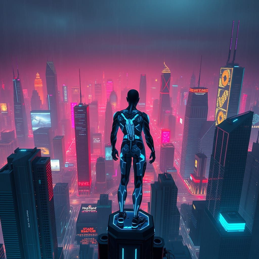 Cyberborg in Neon Dystopian Metropolis