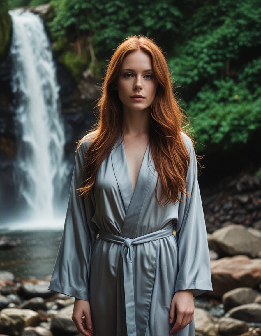 Auburn Beauty by Waterfall: Cinematic Photography