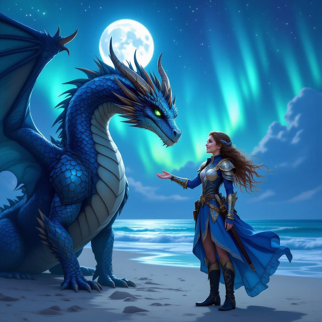 Dragon and Girl on Moonlit Beach Under Aurora