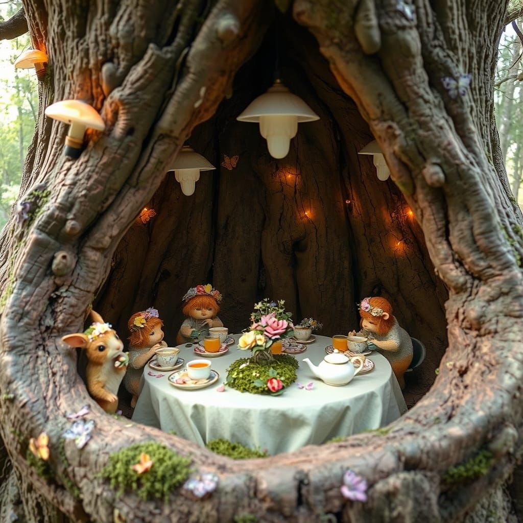 Enchanted Tea Party in Hollow Tree, Art Nouveau Style
