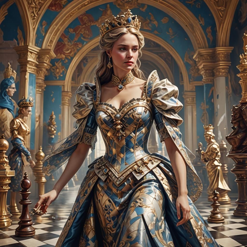 Elegant Chess Queen in Palace Interior, Hyperrealistic Art