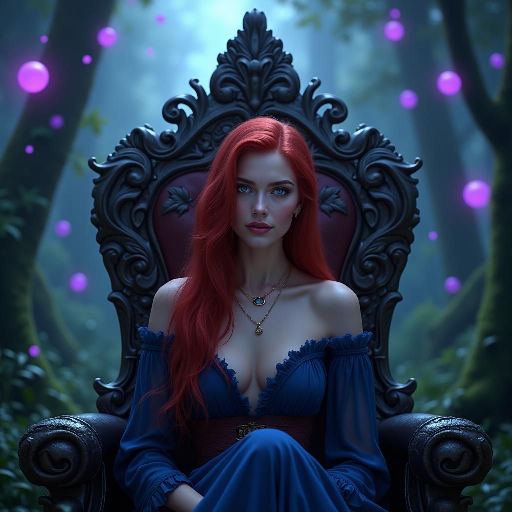 Woman with Scarlet Hair on Forest Throne