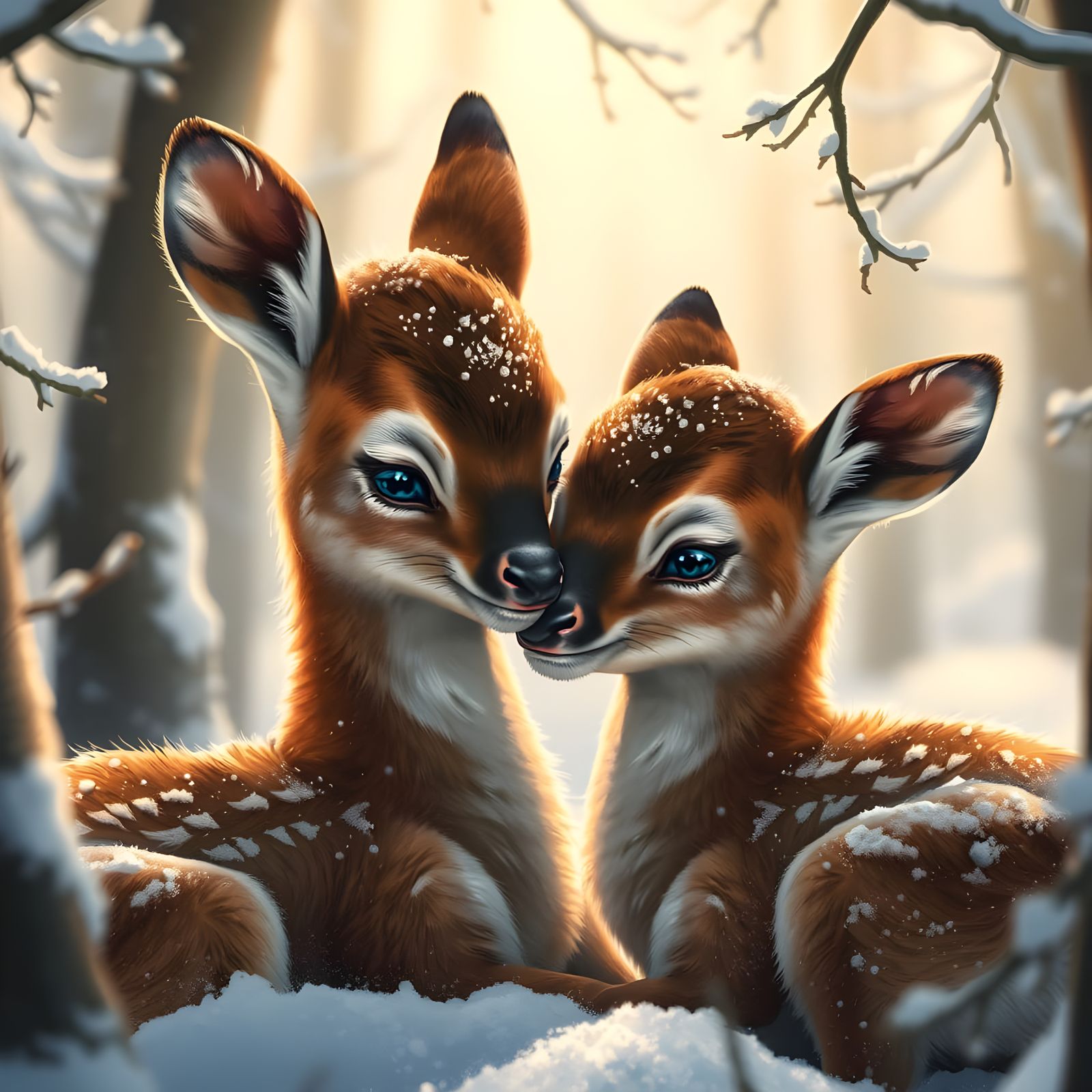 Baby Deer Cuddle in Snowy Forest