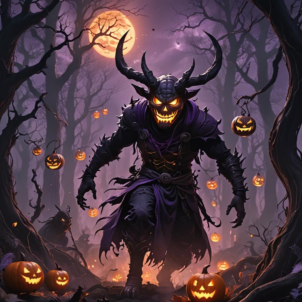 Menacing Jack-o-Lantern Figure in Dark Anime Style
