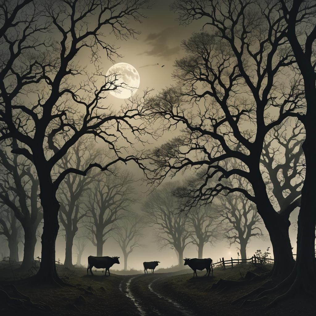 Misty Forest Cow Silhouette in Moonlight