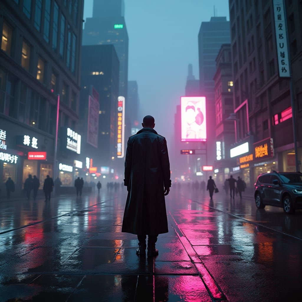 Cyberpunk Cityscape at Dusk in Film Noir Style