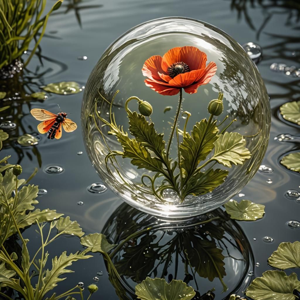 Blooming Poppy in Glass Bobble: Hyperrealistic 3D Render
