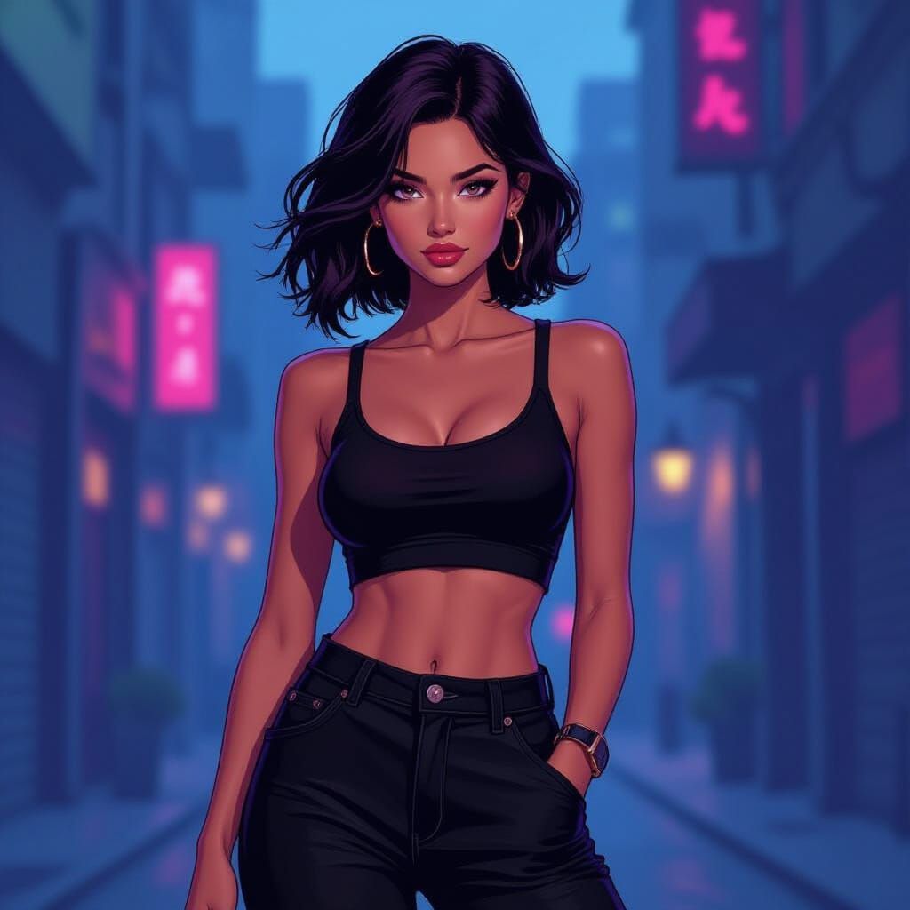 Slender Woman in Tight Top and Baggy Pants, Graphic Novel St...