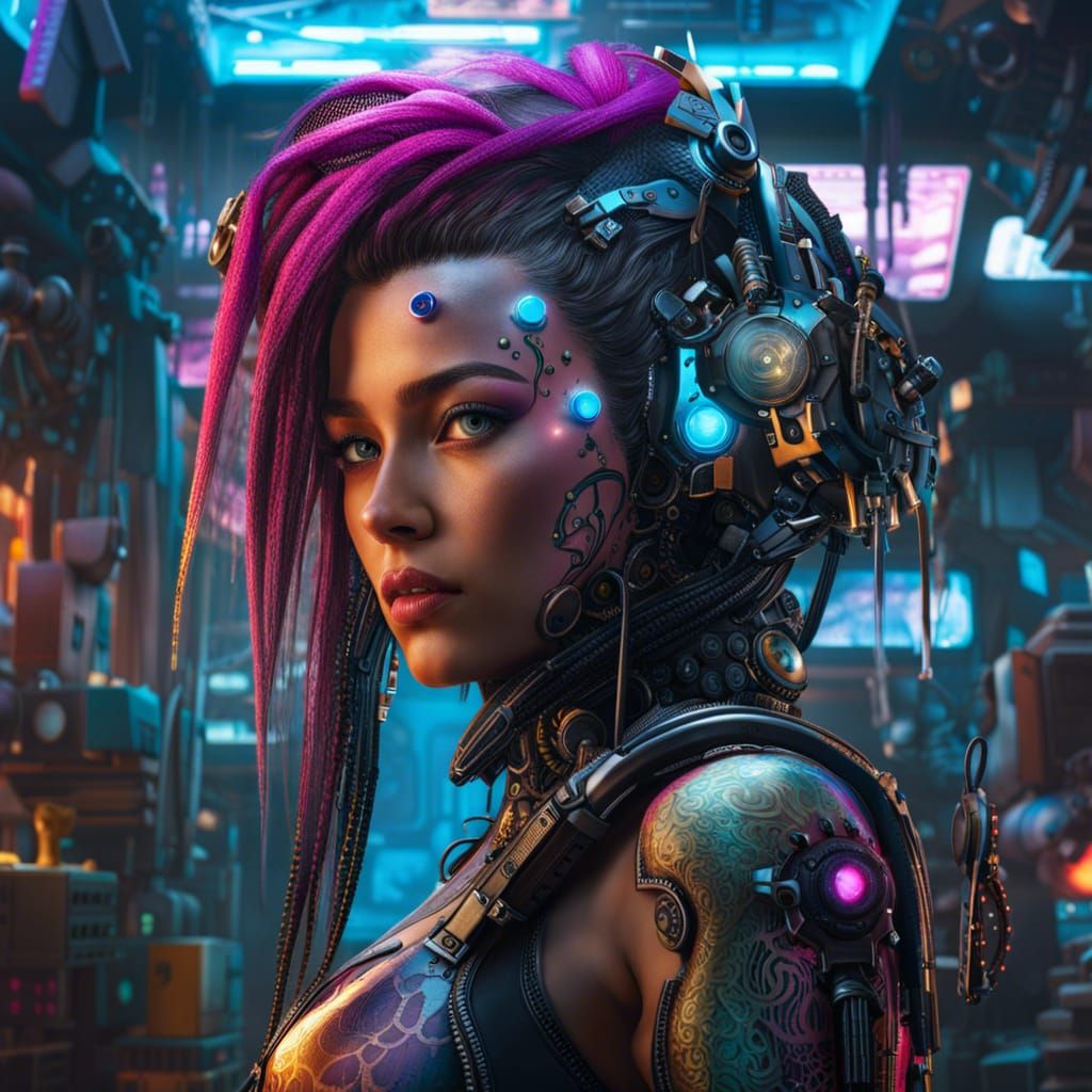 Cybernetic Mermaid Portrait in Cyberpunk Style