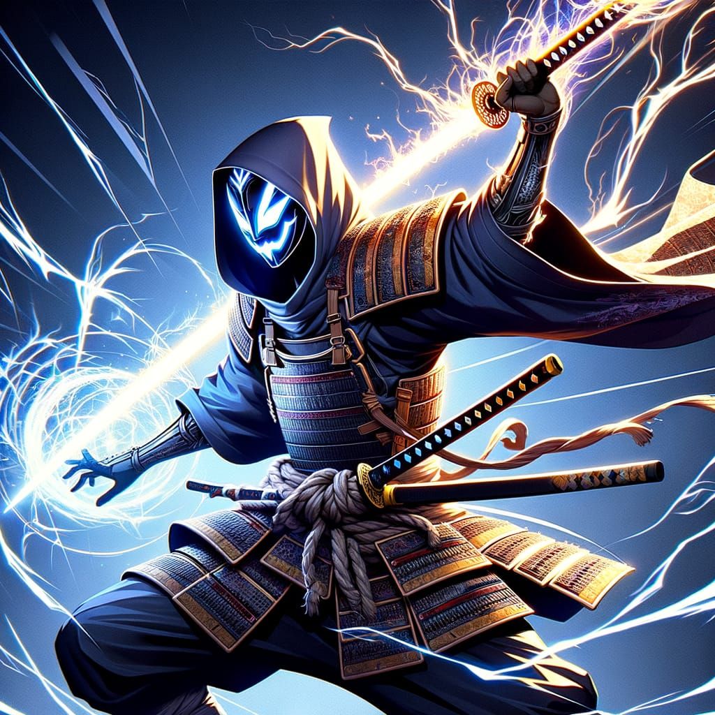 Martial Arts Samurai Master Wields Energy Lightsaber in Anim...
