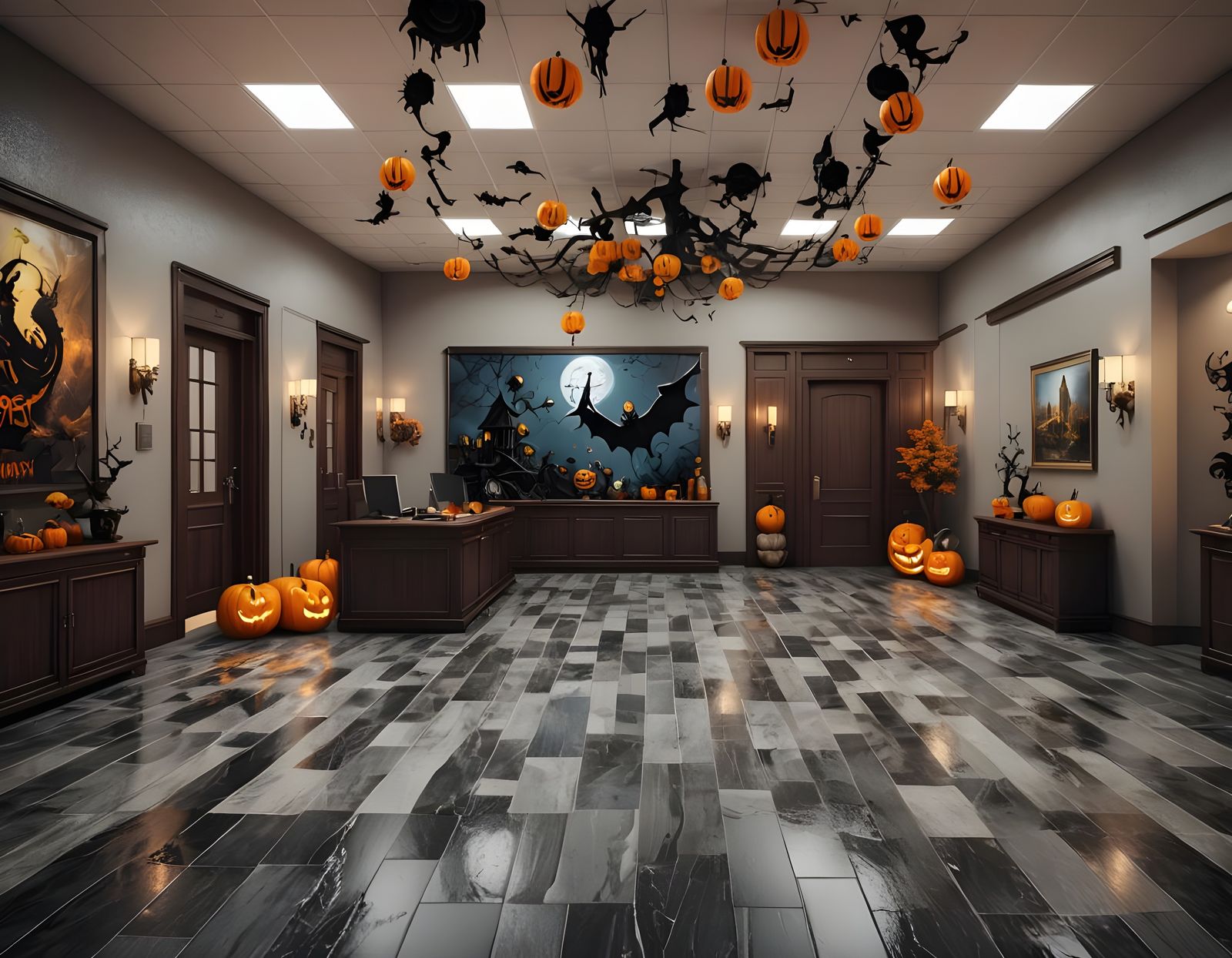 Halloween Decorated Office Lobby in 3D Rendering
