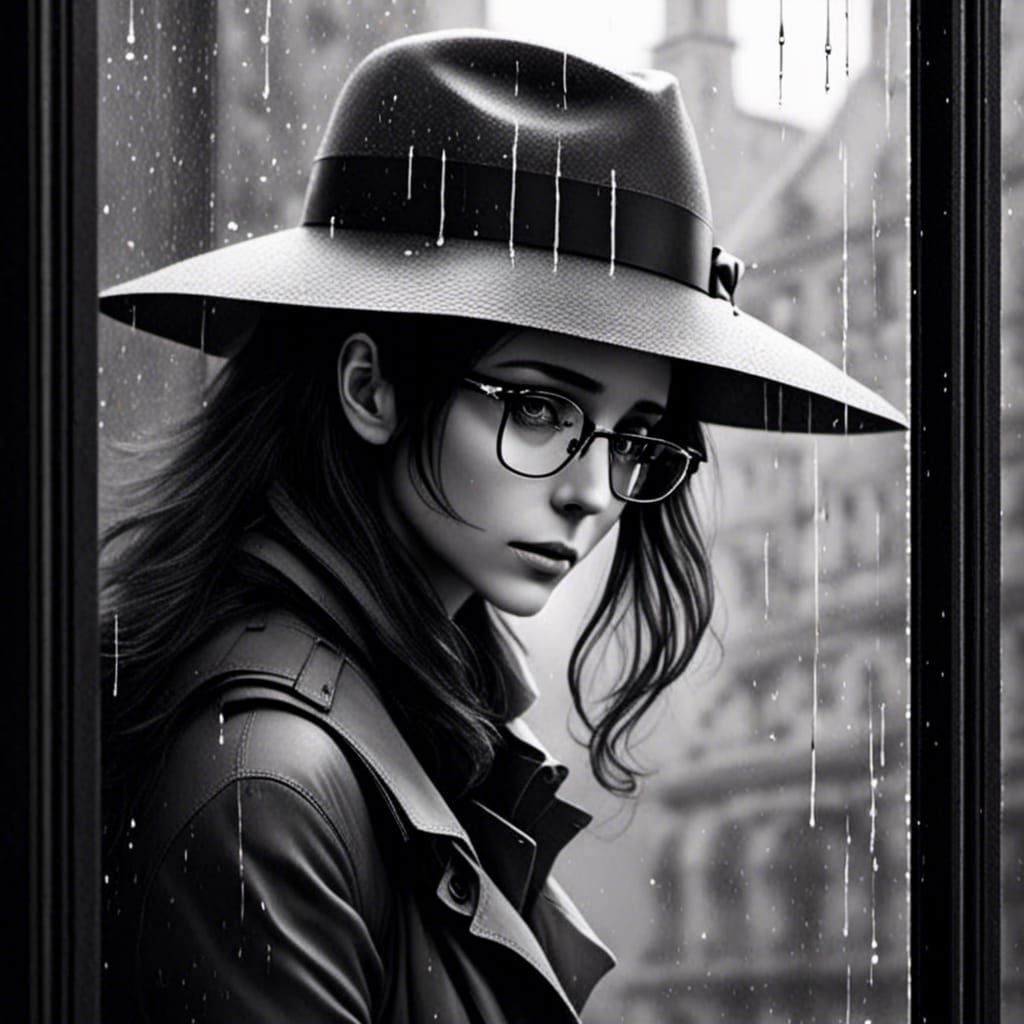Noir Detective Gazing Through Rainy Window in Monochrome