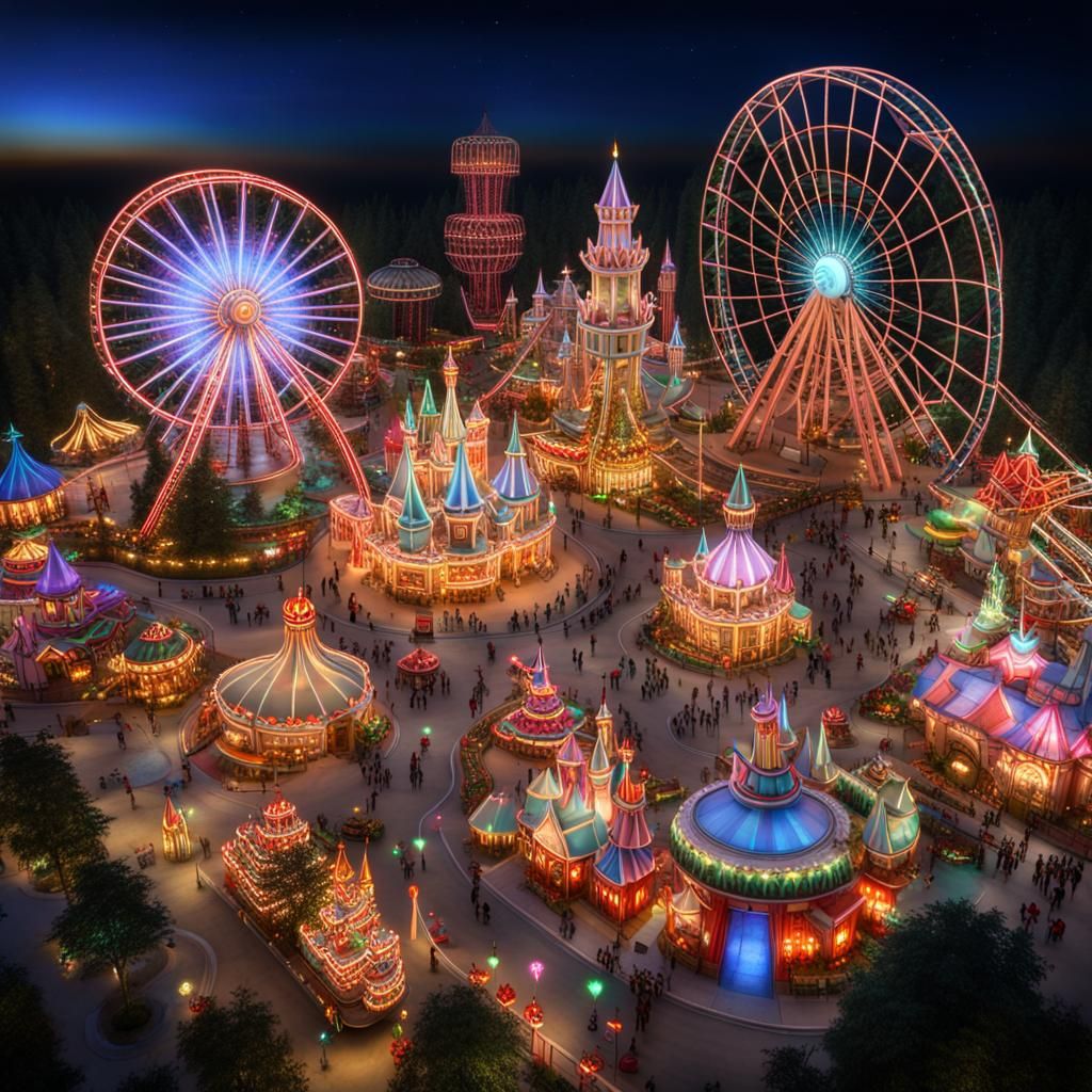 Fantasy Amusement Park Aerial View in 3D