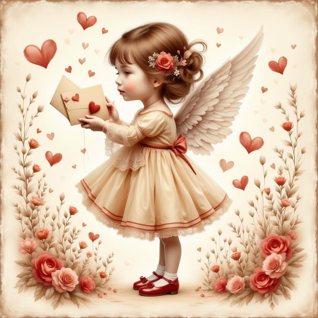 Angel Girl with Valentine's Heart Envelope