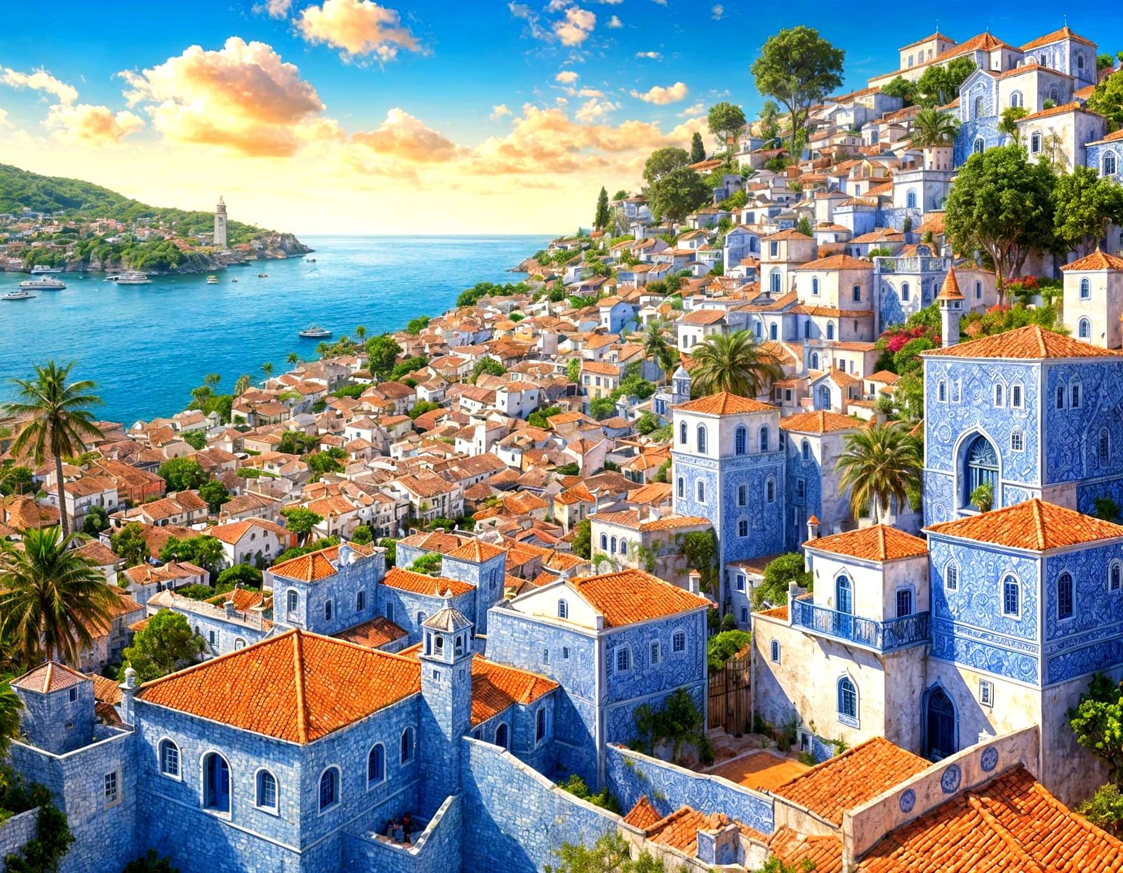 <lora:Azulejo Tiles:1.0>portugues village fantasy elements a...