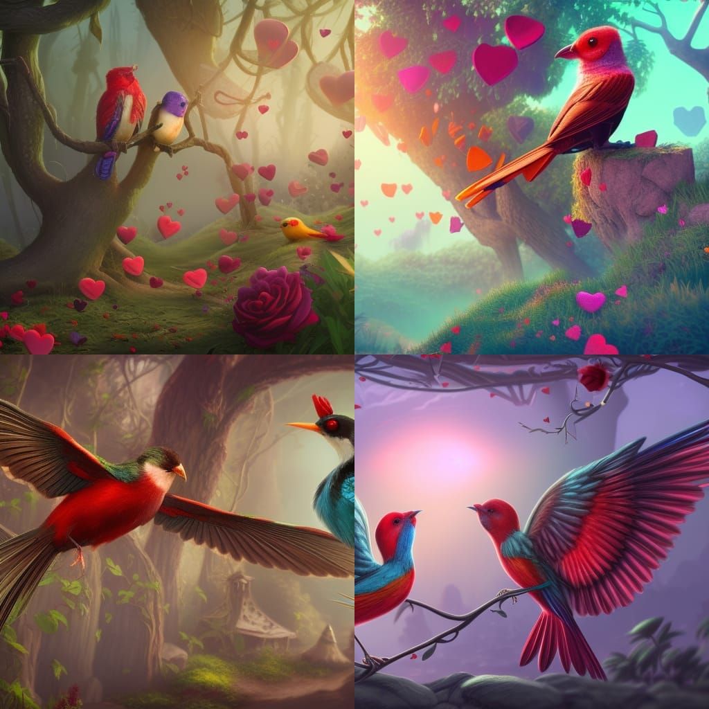 Valentine's Birds in Detailed Digital Painting