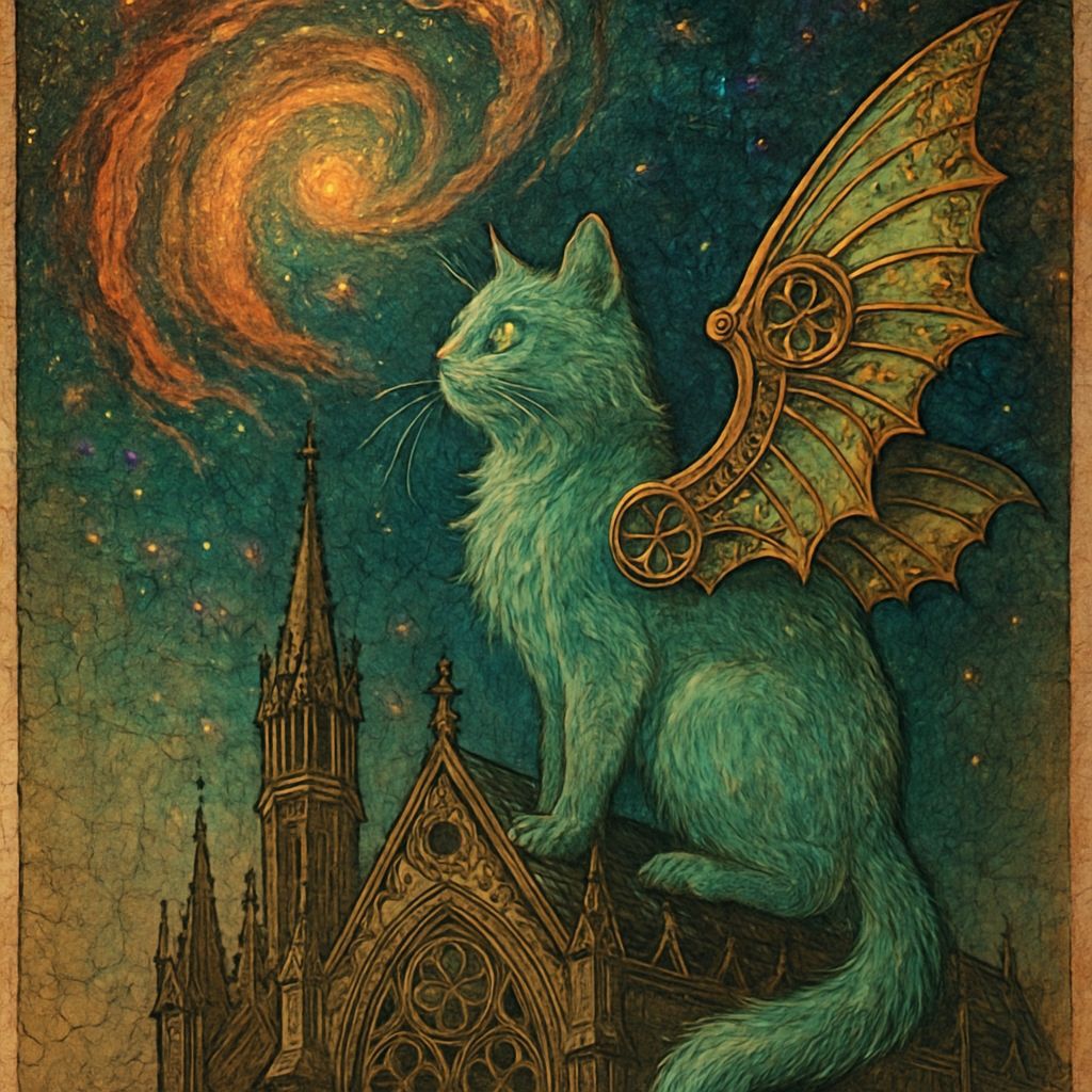 Clockwork Cat on Gothic Cathedral: Golden Age Illustration