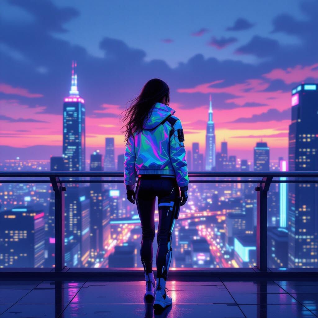 Woman on Sky-Bridge Over Neon City at Dusk