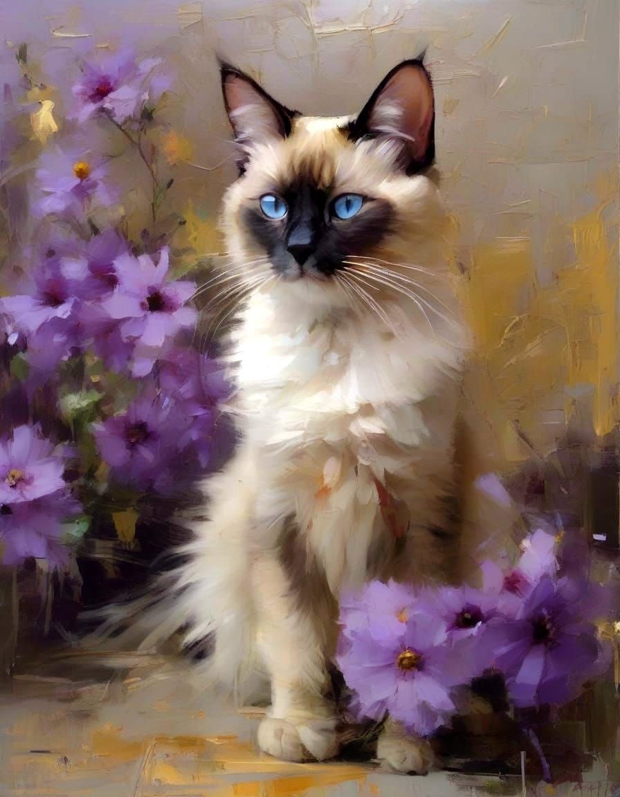 Siamese Cat Amidst Flowers in Dramatic Oil Painting Style