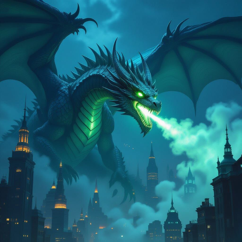 Bioluminescent Dragon Unleashes Toxic Gas on Cyberpunk City