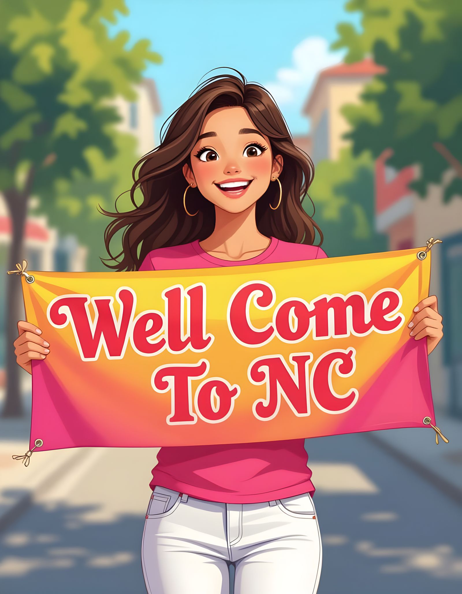 Girl Holding Welcome Banner with Excited Expression