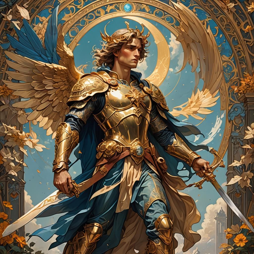 Archangel Michael with Golden Wings in Mucha Style